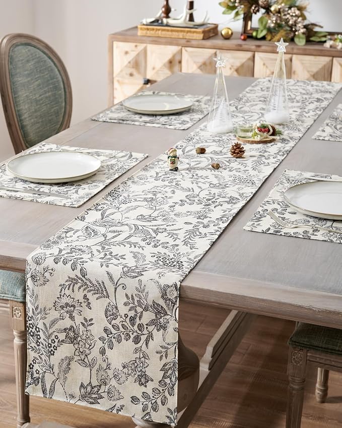 jinchan Black Floral Linen Table Runner 13 x 72 Inch Farmhouse | Rustic - Image 2