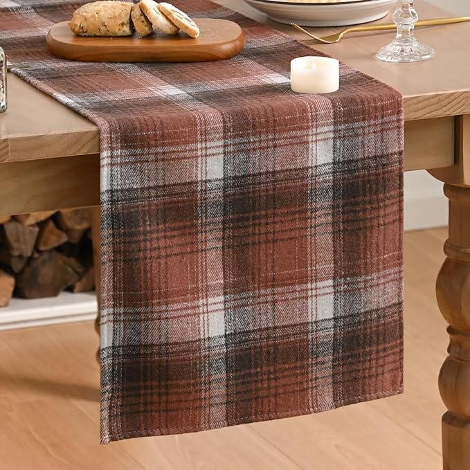 Artoid Mode Caramel Brown Farmhouse Plaid Fall Table Runner 13x90 Inch | by ArtoidMode