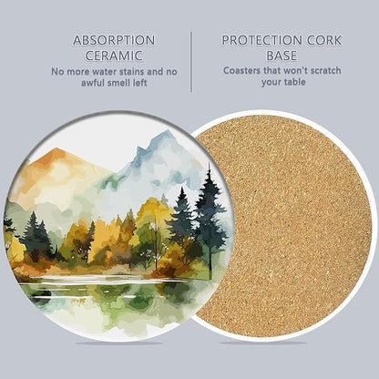 Table Coaster for Drinks Set of 6, Watercolor Misty Forest Round Ceramic Coasters,with Cork Base and Metal Holder,Great Housewarming Birthday Gifts,Home Decor