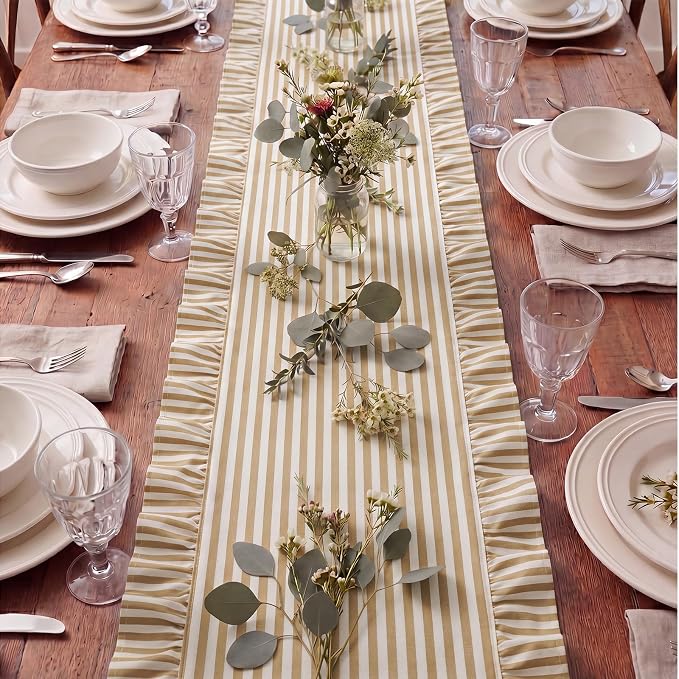 HunnmingRe Ruffle Trim Boho Table Runner Farmhouse Rustic Stripes Scalloped - Image 7
