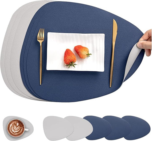 Myir JUN Placemats, Dual-Sided Placemats Waterproof Faux Leather Placemats Set of 6 Place Mats and Coasters Non-Slip Washable Table Mats for Dining Table (Light Gray Blue, Set of 6)