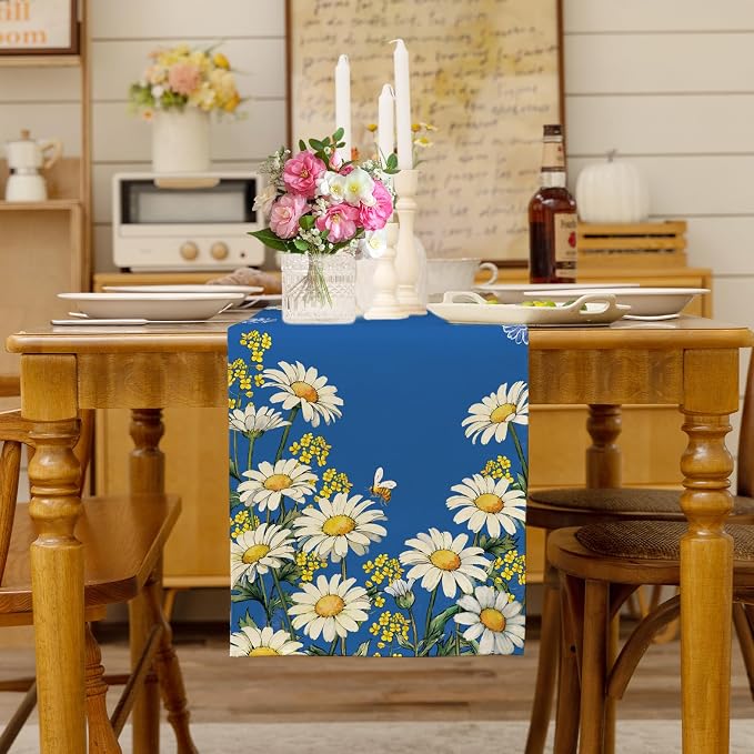 Summer Daisy Floral Table Runner Bees Burlap Table Runners, Spring Charming - Image 2