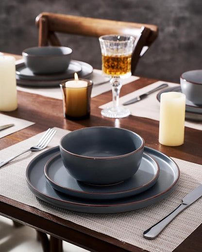 Famiware Mercury 16-Piece Stoneware Plates and Bowls, Warm Hand-Painted Rims - Image 5