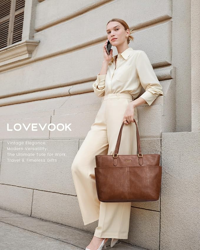 LOVEVOOK Work Tote Bag for Women, Vintage Leather 17.3 Inch Laptop Bags - Image 2