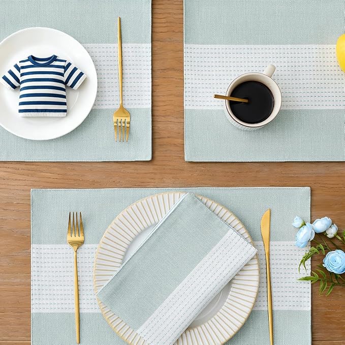 Wracra Linen Placemats Set of 4, Aqua Blue Place Mats - Image 6