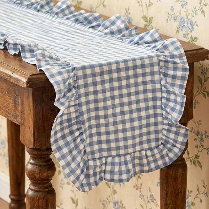 HunnmingRe 1 Pc Gingham Table Runner Blue, 118 X 13.8 Inch | Cotton Dresser by HunnmingRe