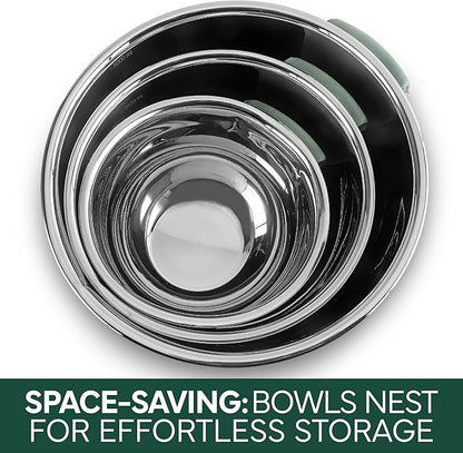 COOK WITH COLOR Stainless Steel Mixing Bowls Set and Measuring Cups- Nesting Bowls with Non-Slip Bottom and Easy-Grip Handles, Sage, 11 Pieces