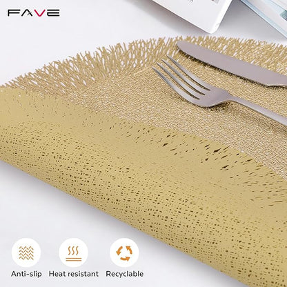 FAVE Set of 12 Round Gold Vinyl Placemats, Luxury Spiral Pattern for Formal Events, Restaurant, Parties, Birthdays (15 Inch,12PCS)