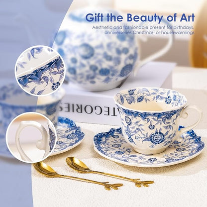 French style blue and white retro teacup and saucer set, 6.8 oz teacup and - Image 4