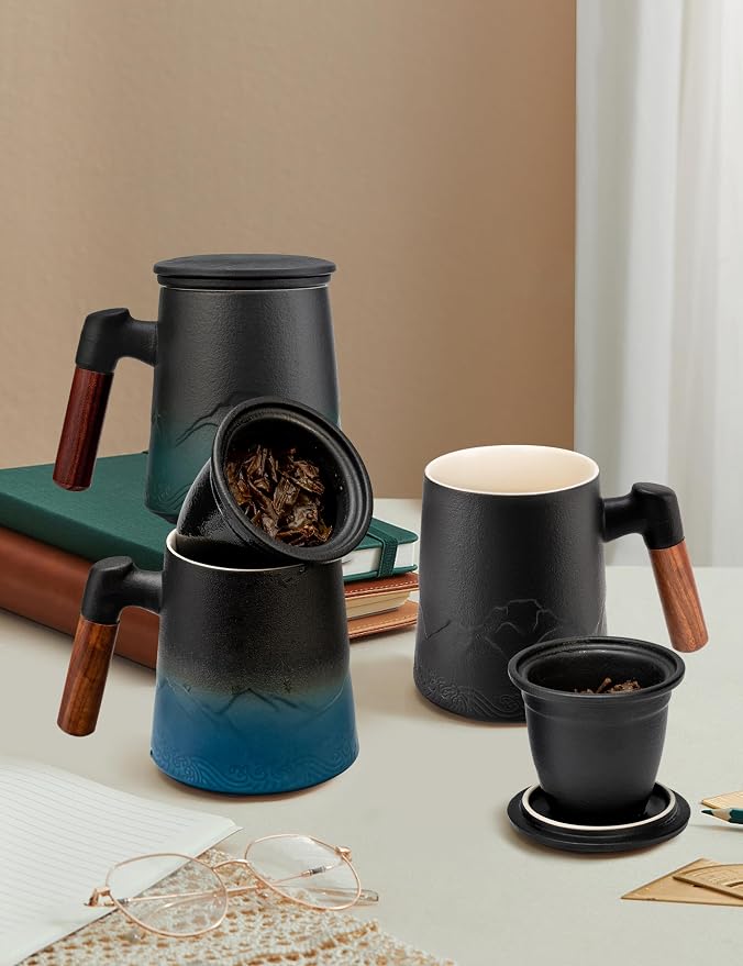 suyika Tea Cup with Infuser and Lid, 15.2 Ounce Wood Handle Ceramic Loose Leaf - Image 7