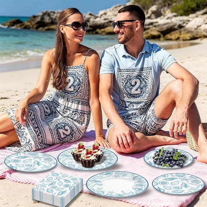 180Pcs Blue Seashell Starfish Coral Plates and Napkins Set, Serves 60 | - Image 6