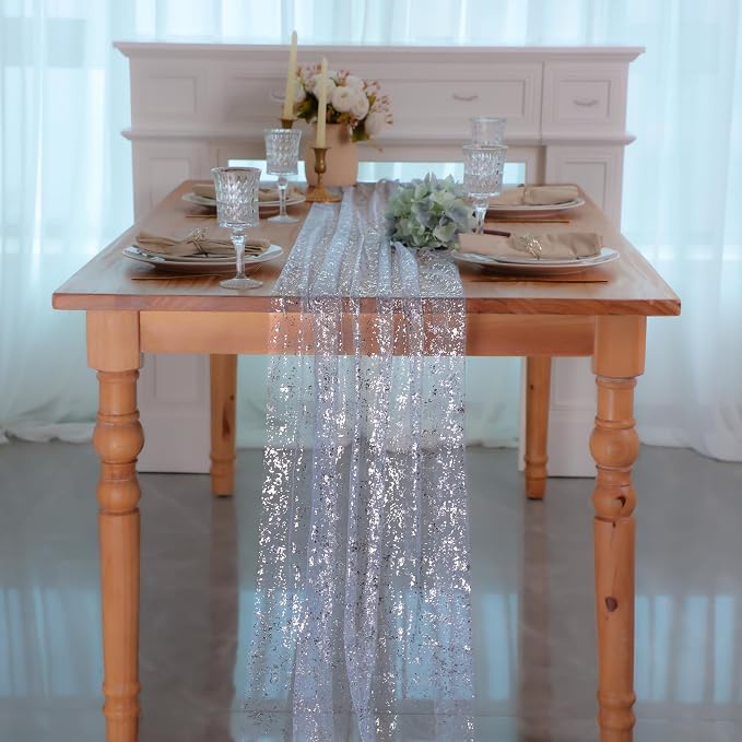Snowkingdom Light Blue Silver Gauze Table Runner 10ft 120 inch Glitter Sheer - Image 5