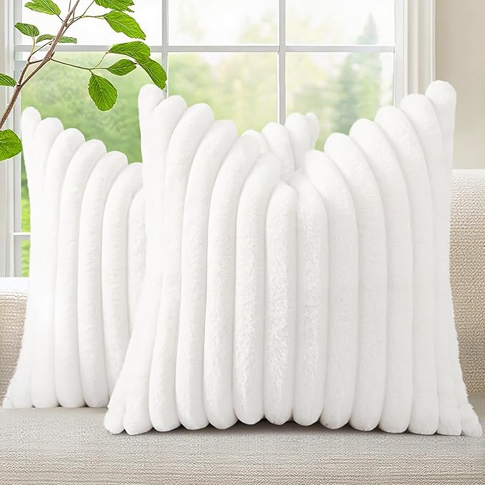 decorUhome Cozy Faux Fur Throw Pillow Covers 26x26 Set of 2 Decorative Soft Plush Striped Modern Farmhouse Boho Couch Euro Sham Pillow Cases with Velvet Back for Sofa Bed Living Room, White