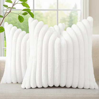 decorUhome Cozy Faux Fur Throw Pillow Covers 26x26 Set of 2 Decorative Soft Plush Striped Modern Farmhouse Boho Couch Euro Sham Pillow Cases with Velvet Back for Sofa Bed Living Room, White