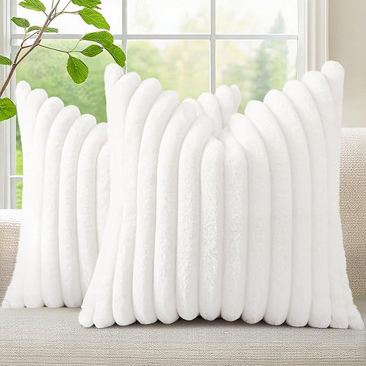 decorUhome Cozy Faux Fur Spring Throw Pillow Covers 20x20 Set of 2 Decorative Soft Plush Striped Modern Farmhouse Boho Couch Pillow Cases with Velvet Back for Sofa Bed Living Room, White
