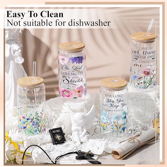Mumufy 4 Pack Wildflower Glass Cups Gift Aesthetic Cute Glass Cup Tumbler - Image 4