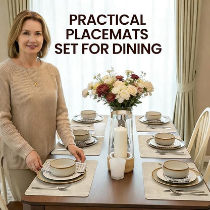 Faux Leather Placemats Set of 6, 17×12 Inch Waterproof Wipeable PU Place Mats Heat Resistant Anti Slip Dining Table Place Mats for Kitchen Dining Indoor & Outdoor Use (Beige)