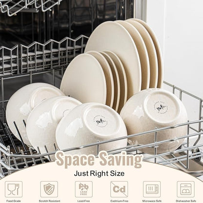 Plates and Bowls Sets,12 Pieces Beige Dinnerware Sets for Kitchen, Reactive Glaze Dishes Set for 4, Dishwasher and Microwave Safe, Series Starflecked Shore (Beige)