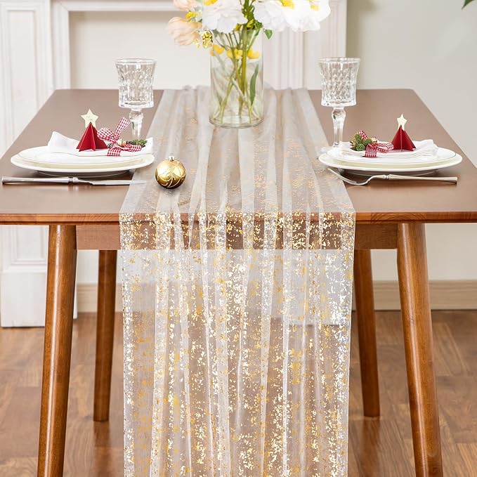 SiinvdaBZX White Gold Sheer Tulle Table Runner 120 Inch/10 Ft Long | Gauze - Image 3
