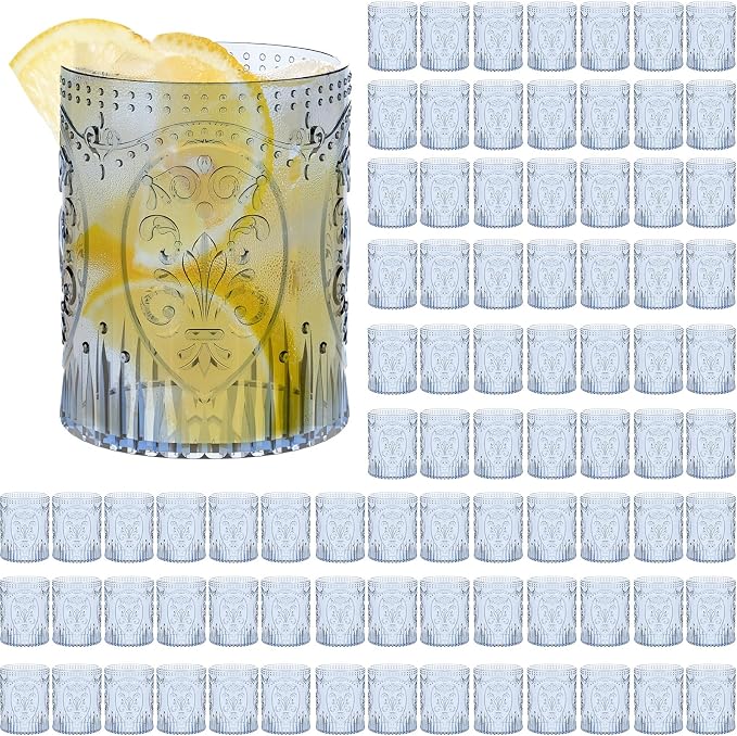 Qinyoung 100 Plastic Vintage Drinking Glasses 8.5oz Stemless Retro Embossed by Qinyoung
