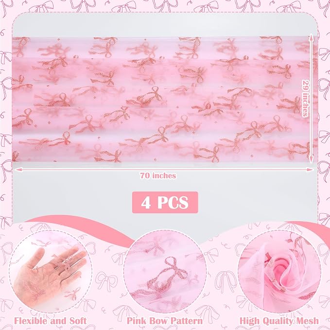 4 Pcs Pink Bow Table Runners 29 x 70 Inch Pink Tulle Lace Table Runner Coquette - Image 3