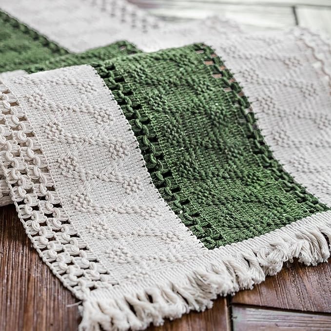 Macrame Table Runner Cream Beige and Green Boho Table Runners - Image 5