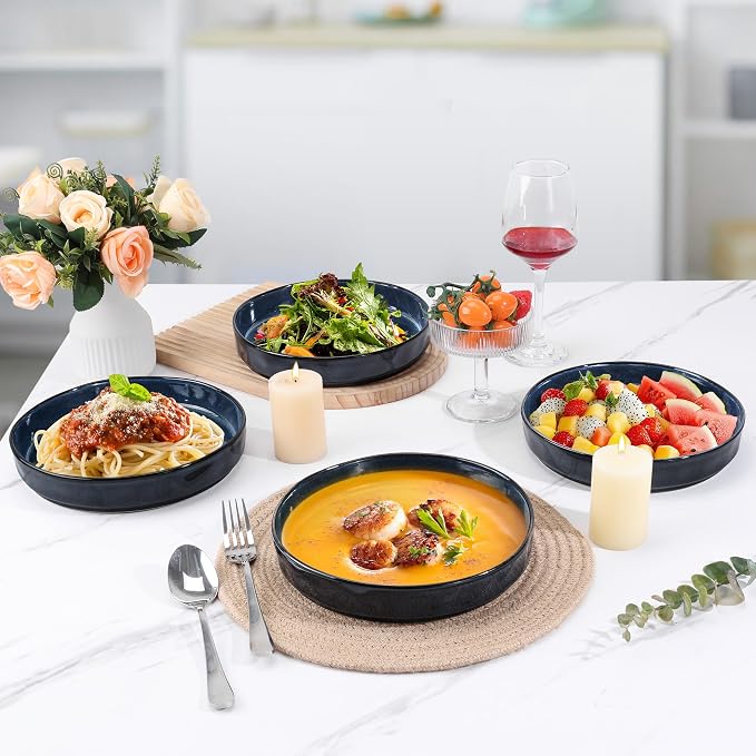 LIANYU 33oz Pasta Bowls Sets of 4, Wide Shallow Stoneware Dinner Plates | - Image 6