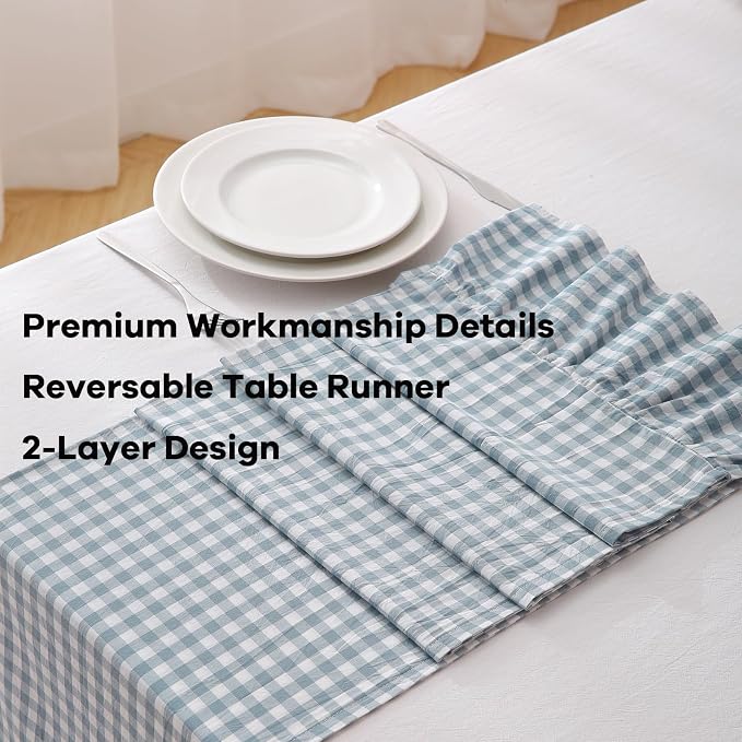 Dust Blue White Plaid Gingham Ruffle Table Runner 120 inches Long Christmas - Image 5