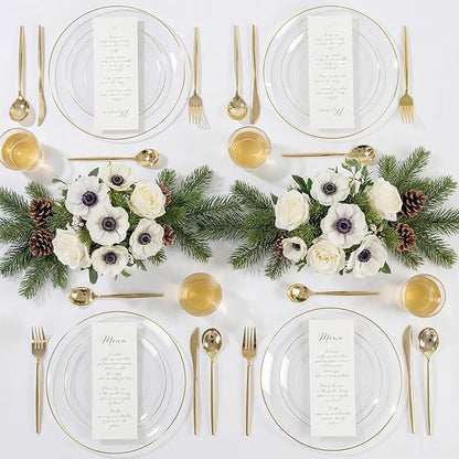 I00000 Clear Plastic Plates with Gold Rim,Fancy Clear Disposable Plates,Nice Disposable Plates Set include 30 Dinner Plate,30 Dessert Plate, 90 plastic Silverware Set for Valentine's Day