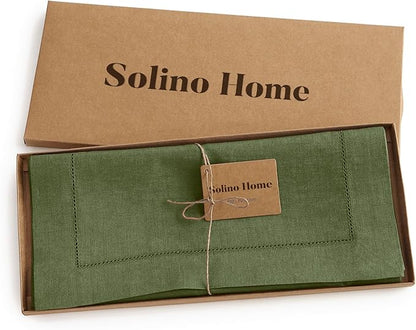 Solino Home Linen Table Runner 36 Inches - 100% Pure Linen Olive Hemstitch Table Runner 14 x 36 Inch Ideal for Dresser and Coffee Tables - Classic Hemstitch