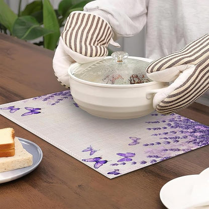 6 Pcs Placemats,Lavender Butterfly Placemat,Purple Table Mats Washable Recyclable Table Placemats for Indoor Outdoor Heat Resistant Kitchen Dining 12"x18"