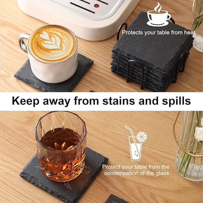 Slate Coasters Set of 72,4-Inch Black Square Stone Drink Coasters with Scratch-Resistant Backing,Durable Tabletop Protection for Home Office Kitchen,Ideal Housewarming Wedding Gifts