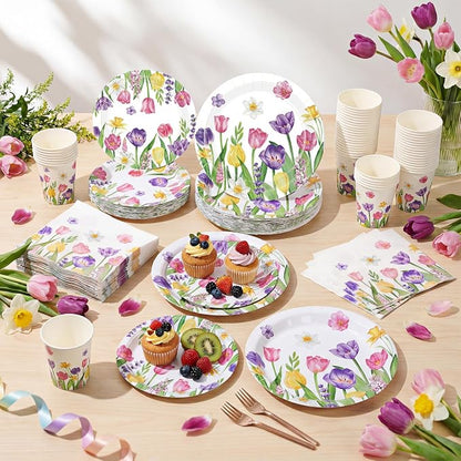 Funnymoom 250 Pcs Tulip Floral Paper Plates and Napkins Spring Party Supplies - Image 4