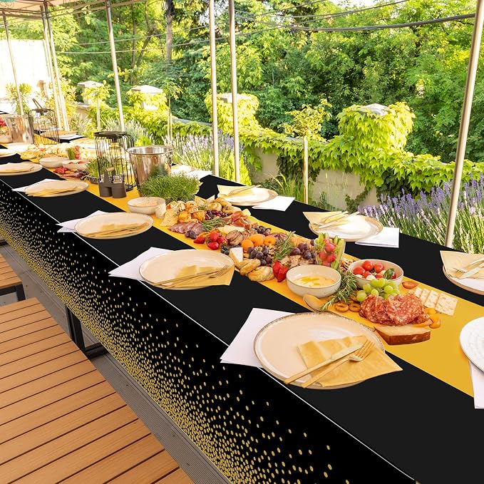 6Pcs Black and Gold Tablecloth Party Decorations, Plastic Black Table Cloth - Image 7