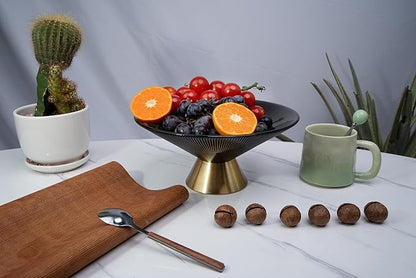 Tapered Glass Decorative Bowl (Gray), 9.8 Inches Handblown Striped Design Fruit Bowl with Rust-Resistant Metal Base for Home Decor, Table Centerpiece, Kitchen Island and Dining Decor