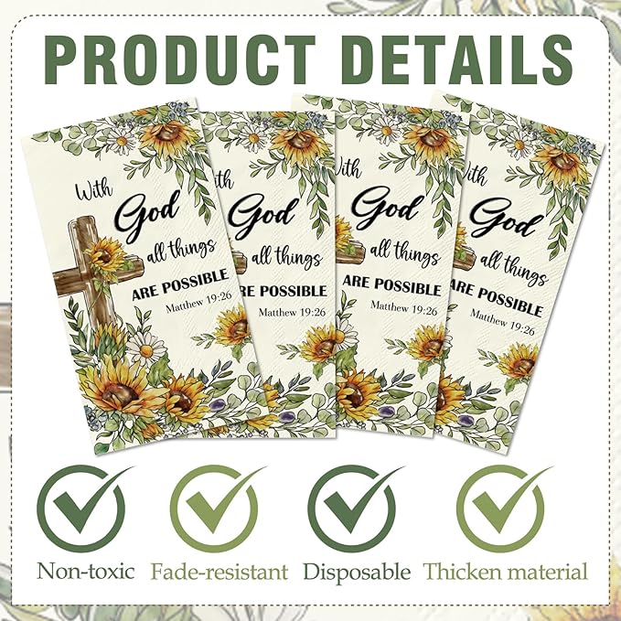 Sunflower Christian Paper Napkins - 100 Pcs Happy Easter Religious Dinner Decorative Disposable Party Decorations Sets for Decoupage Cross Guest Cocktail Table Supplies Decor Bulk 7.9 x 4.3 In