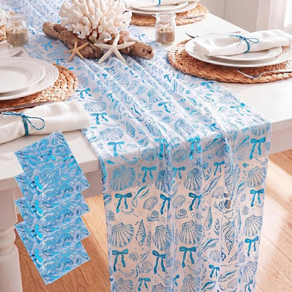 4 Pcs Coastal Table Runners 29 x 70 Inch Blue Bow Starfish Table Runner Last by Windkream
