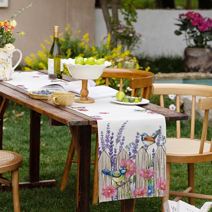 Summer Garden Floral Table Runner Rustic Birds Burlap Table Runners, Spring - Image 6