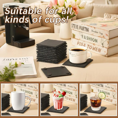 24 PCS Slate Coasters Black Square 4 Inch Bulk Rock, Blank Laser Engraving, Scratch Resistant Bottom, Home Office Kitchen Gift Wedding Bar Party