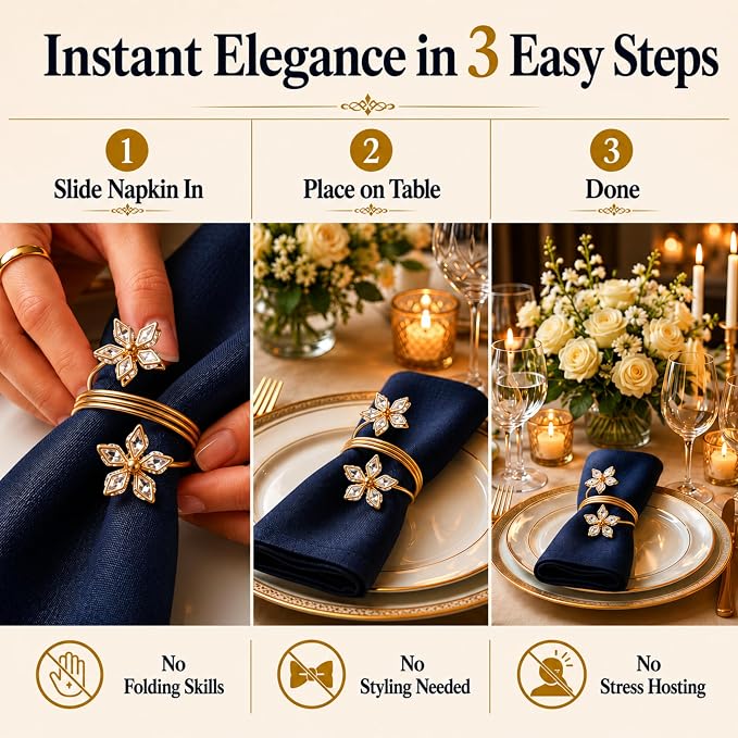 Gold Napkin Rings Set of 12 – Crystal Flower Design – Luxury Napkin Rings Gold - Image 5