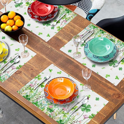 Green Shamrock Placemats Set of 4, 12 x 18 Inch Clover Lucky Floral Heat Resistant Linen Farmhouse Table Dining Place Mats for Seasonal Spring Kitchen Home Decor