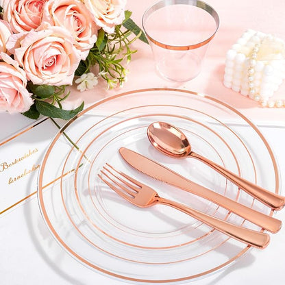 bUCLA 150PCS Clear Rose Gold Disposable Dinnerware set - Image 8