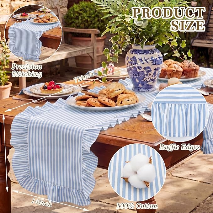 HunnmingRe Ruffle Trim Boho Table Runner Farmhouse Rustic Stripes Scalloped - Image 2