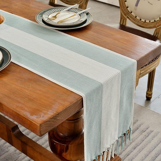 Wracra Linen Table Runner, Stripe Table Runners 90 Inches Long Aque Blue | - Image 6