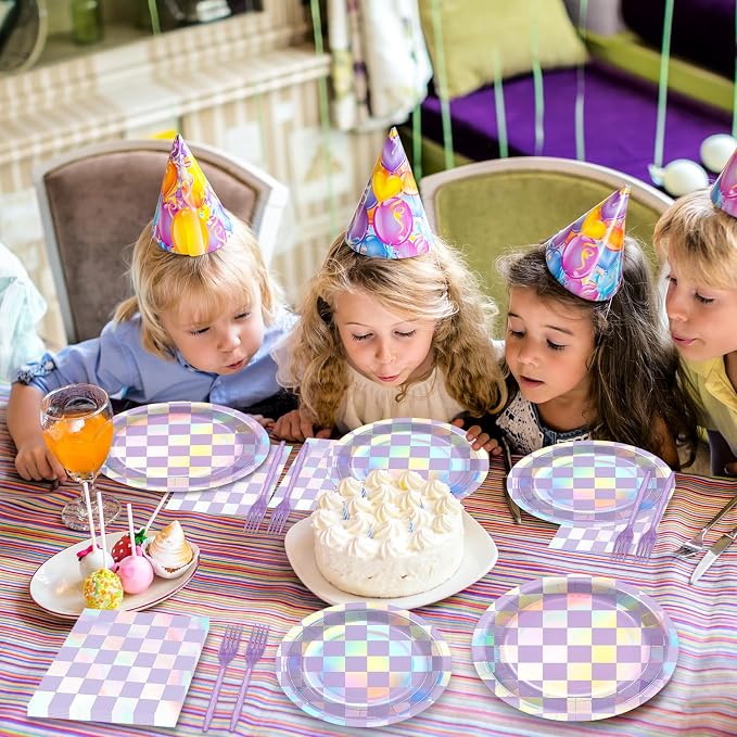 96Pcs Iridescent Birthday Party Supplies Purple Checkered Paper Plates Napkins - Image 7
