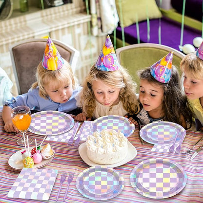96Pcs Iridescent Birthday Party Supplies Purple Checkered Paper Plates Napkins - Image 7