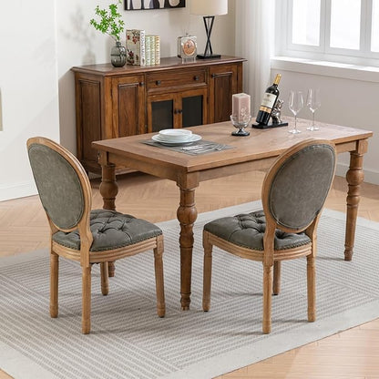 Ball & Cast French Vintage Upholstered Dining Chairs Set of 2, Button Tufted Kitchen Side-Chairs with Carved Antique Wood Frame & Nailhead Trims, PU-Leather Curved Backrest Louis Chair, PU Green