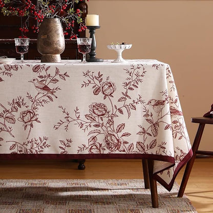 ISAENNE Designer Vintage Linen Extra Long Rectangle Tablecloth,Red Floral Pattern Linen Stain Resistant Table Cloth,Decor Tablecloths for Dining Thanksgiving Kitchen Party,67"*118"-Harmony