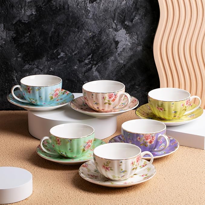 BTaT- Floral Tea Cups and Saucers Set of 6, Porcelain Tea Cups Set of 6 - Image 5