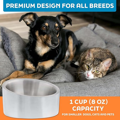 Master Pet Supply Stainless Steel Slanted Dog Cat Food Bowl - 8 oz Heavy Duty - Stainless Steel, Double Wall Insulated, Non-Slip Elevated Bowl for French Bulldogs Pugs Cats, Anti Rust Dishwasher Safe